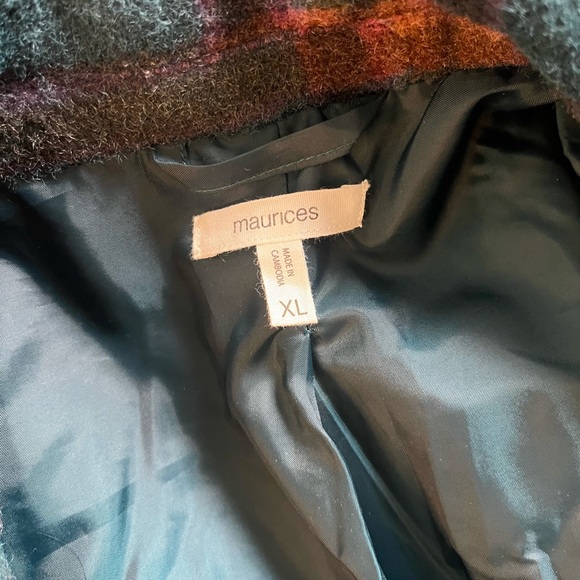 Maurices Plaid Belted Faux Wool Wrap Long Coat Sz XL Teal Tan Brown Pink - Picture 8 of 9